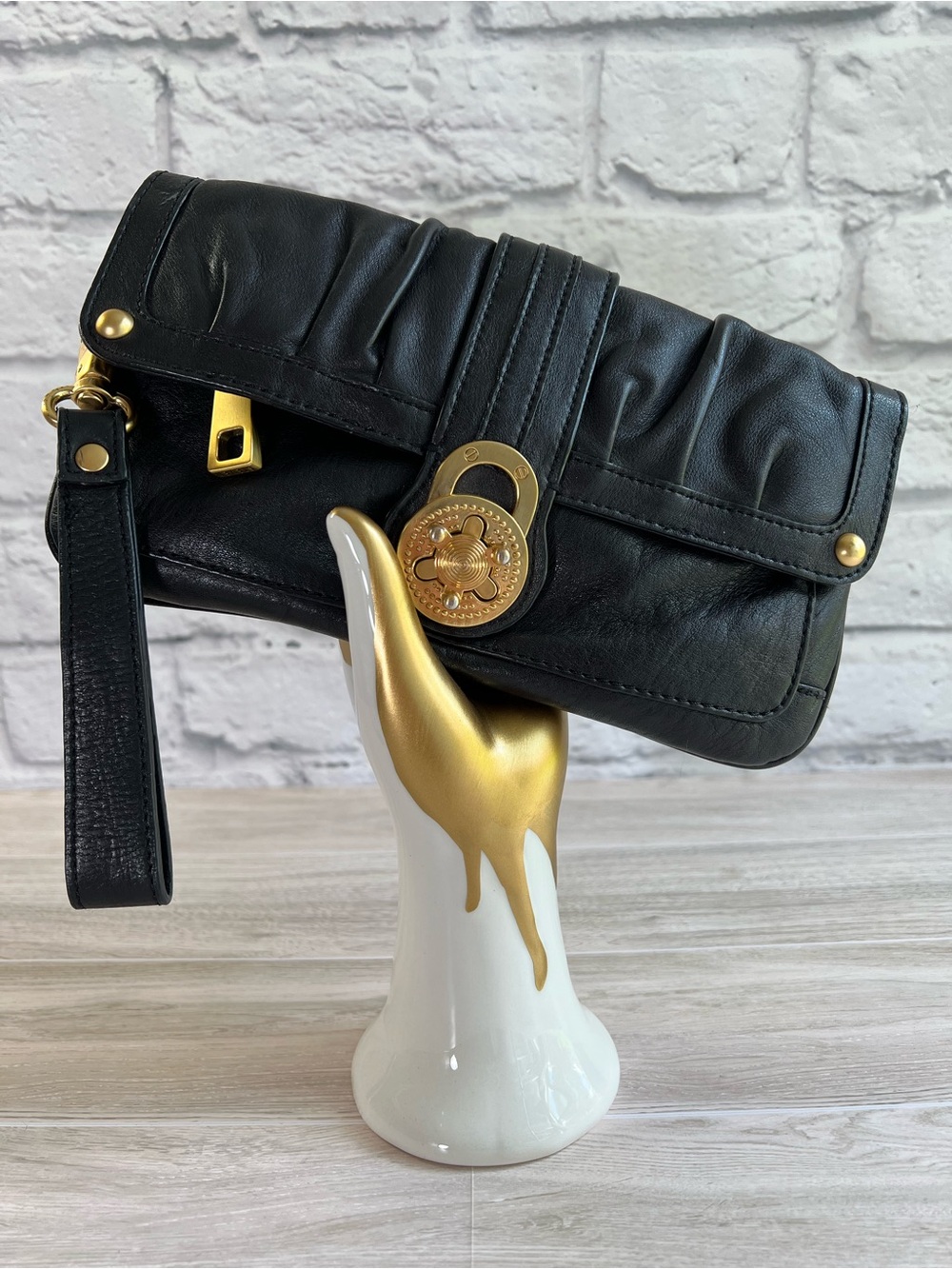 Steven By Steve Madden Black Leather Clutch Wristlet With Toggle Closure